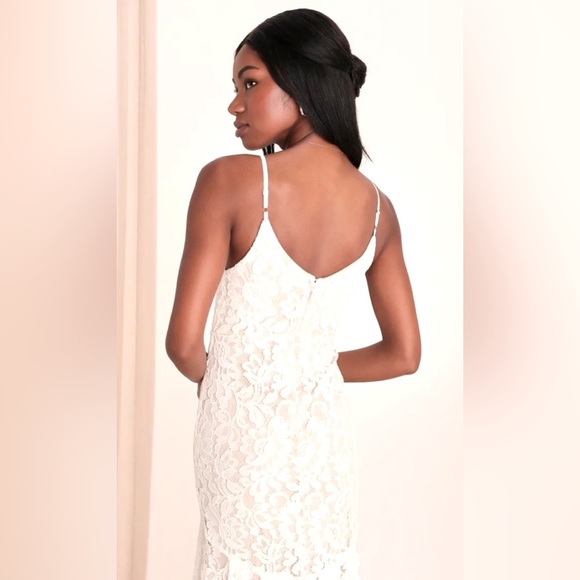 Lulus Flynn Antique White Over Nude Embroidered Lace Wedding Dress w Mini Train - Picture 11 of 15
